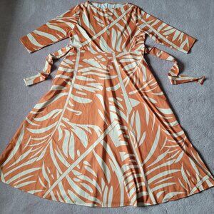 Sath Orange and Cream Tropical Pattern Maxi Dress with Ties 3/4 Sleeve Size 2XL